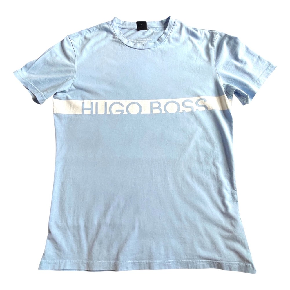 BOSS Hugo Boss Light Blue Logo Stripe Crew Neck T-Shirt Mens Medium Cotton CLEAN