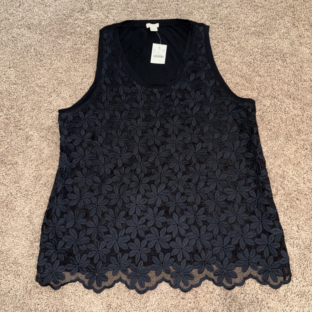 J CREW Womens Large Tank Black Top Embroidered Flower Lace Overlay