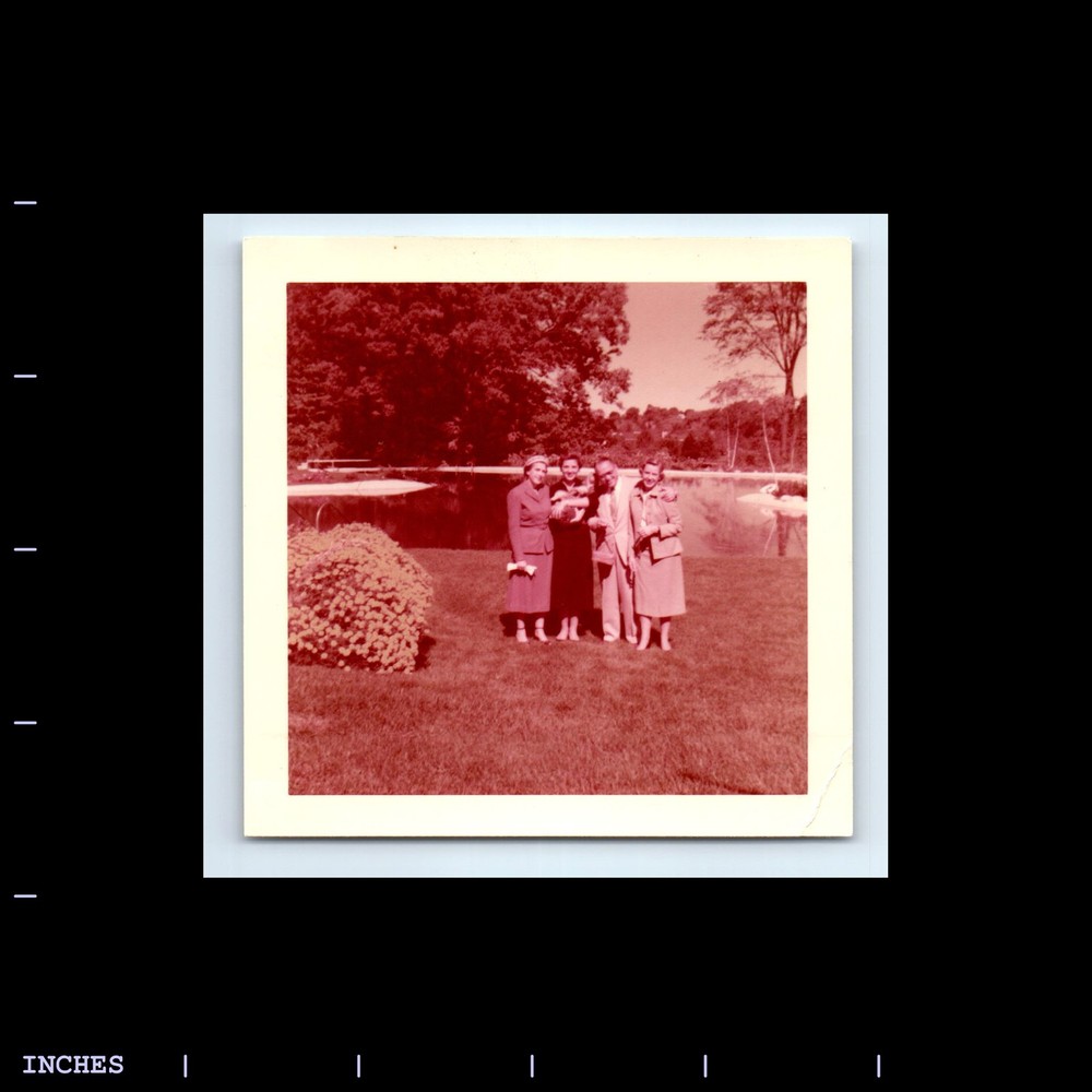 Square Color Photo MAN WOMEN AND DOG IN YARD 1955