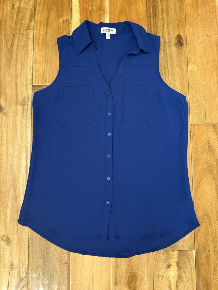 Express Women's Size S Blue Sleeveless Collared Blouse With Pockets