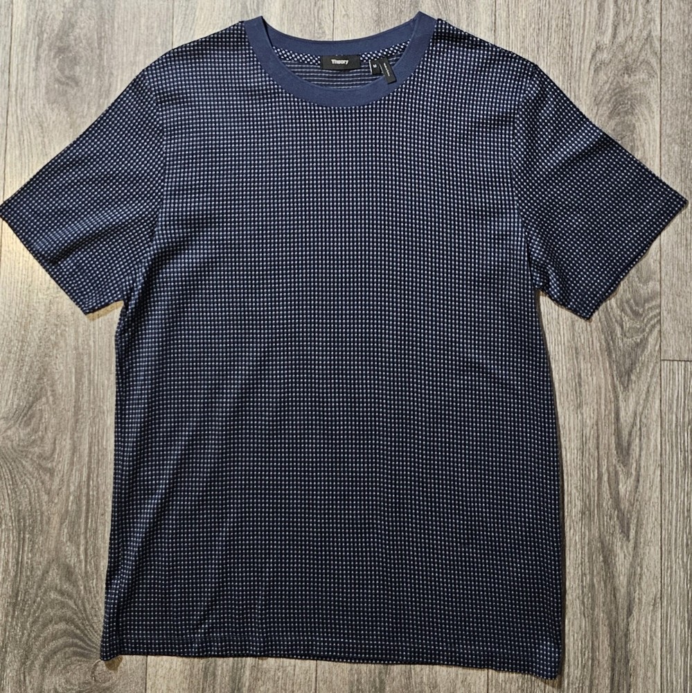 THEORY Trio Crew Vestal Jacquard Tee T-Shirt Stretch Navy Blue Men's Size Medium