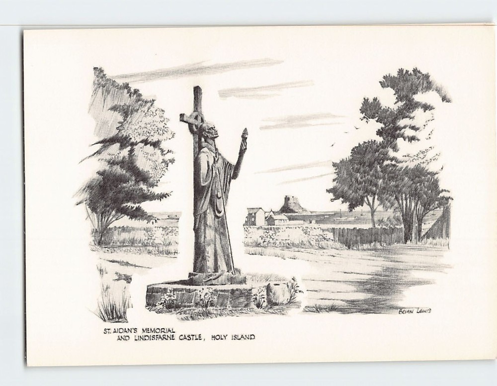Postcard St. Aidan's Memorial & Lindisfarne Castle Holy Island England