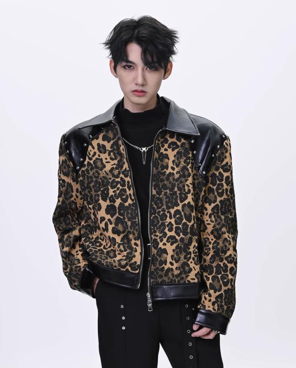 American Vintage Color Contrast Leopard Print Jacket Mens Rivets Slim Zip Coat
