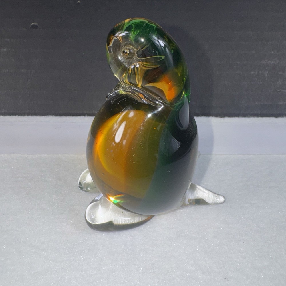 Vintage Murano Style Art Glass Parrot Parakeet Figurine Green Amber Bird 4”