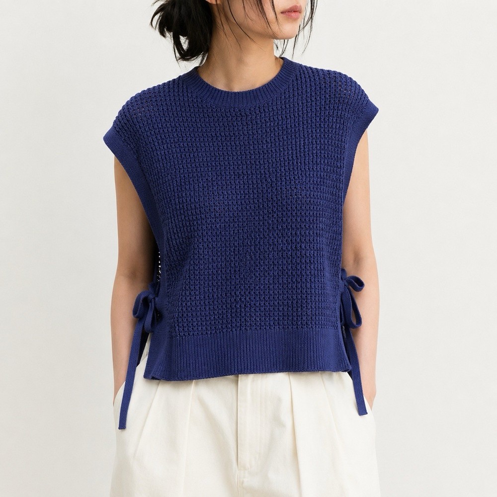 MACKINTOSH PHILOSOPHY Navy Open Knit Side Tie Sweater Vest Japan Size S/M Cotton