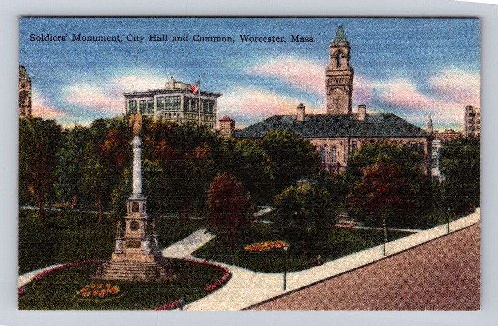 Worcester MA- Massachusetts, Soldiers Monument, City Hall, Vintage Postcard
