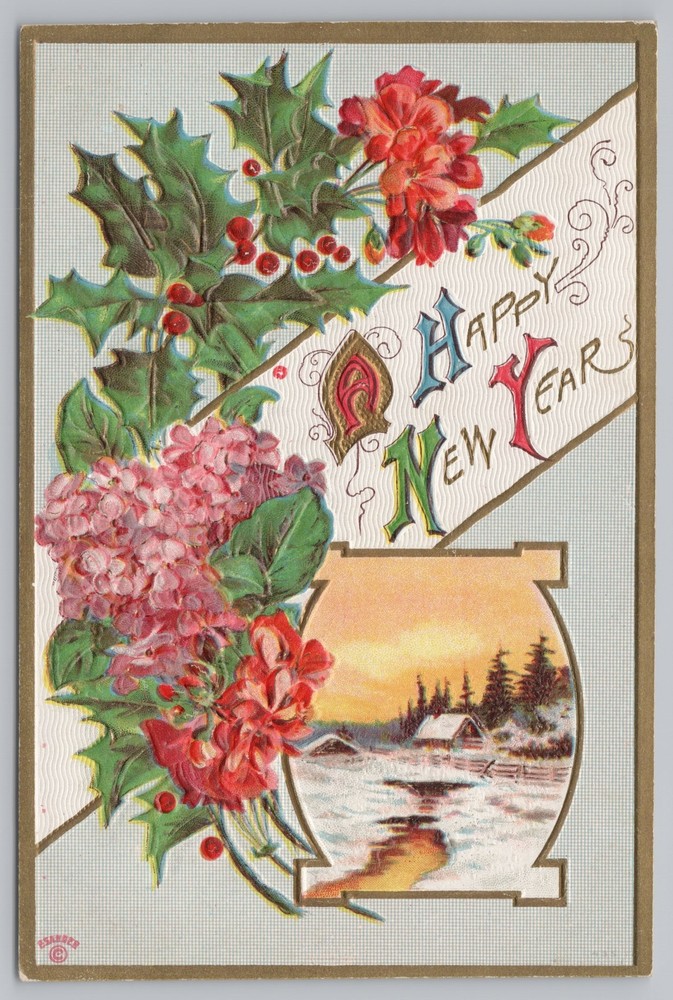 Holiday~Happy New Year~Farm Scene & Flowers & Holly~Embossed~Vintage Postcard