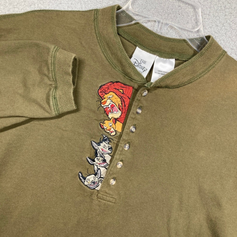 Disney Store Lion King Henley Men L Olive Green Embroidered Simba Mufasa FLAW