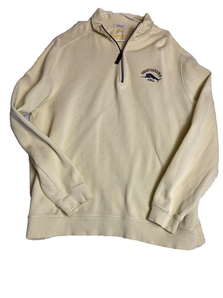 Tommy Bahama Mens Large 1/4 Zip Pullover Relaxed Sweater Yellow Long Sleeve