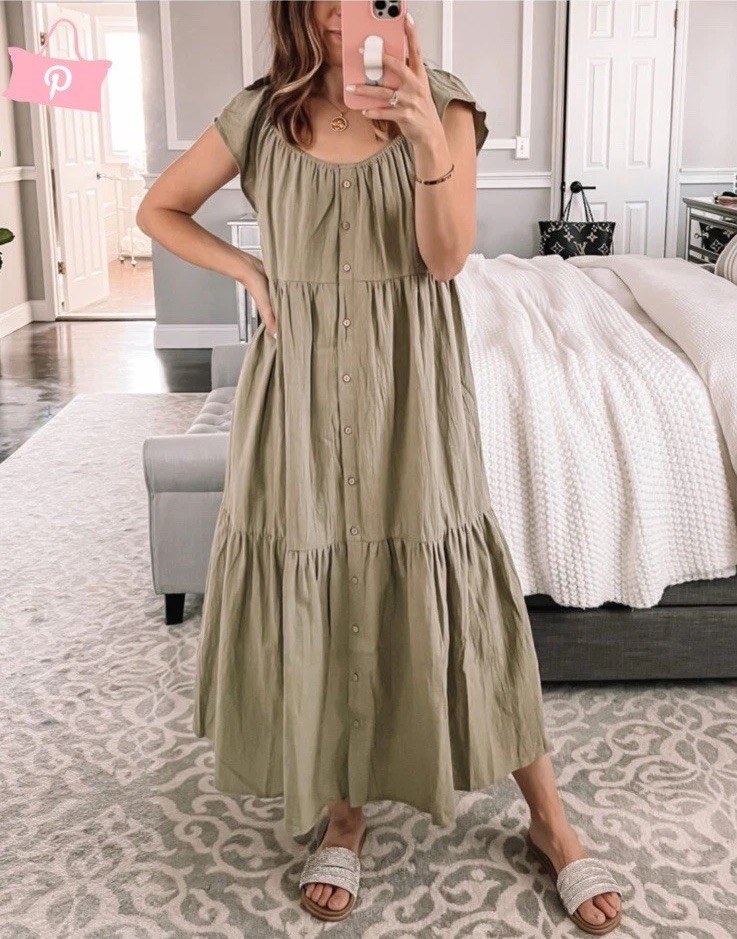 Button Front Tiered Dress Peasant Midi Boho Coastal Cottagecore
