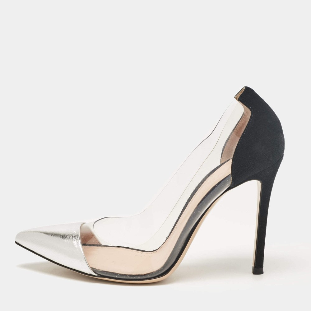 Gianvito Rossi SilverBlack Leather Suede and PVC Plexi Pumps Size 36.5