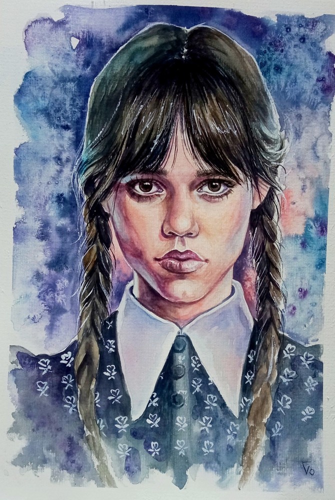 Wednesday Addams Jenna Ortega Watercolor Art, Portrait, Original Painting
