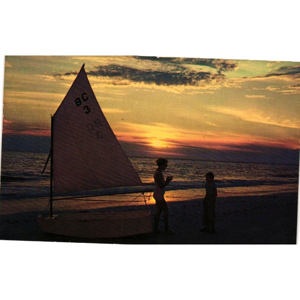 Vintage Sunset Sailboat Beach Scene Color Photo Postcard
