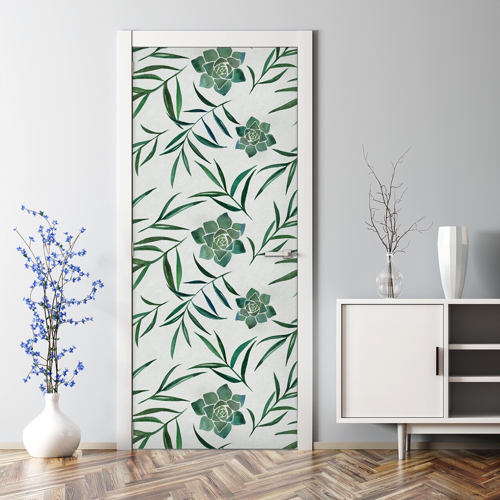 Succulent Bubble-Free Door Sticker with Leaf and Flower Decal for Home Decor