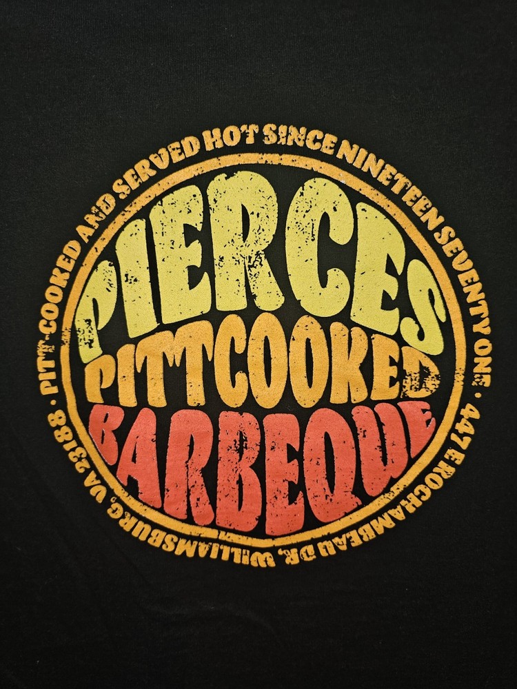 Pierces Pit BBQ Barbecue Williamsburg Virginia Xl Mens Black Graphic Logo Tshirt