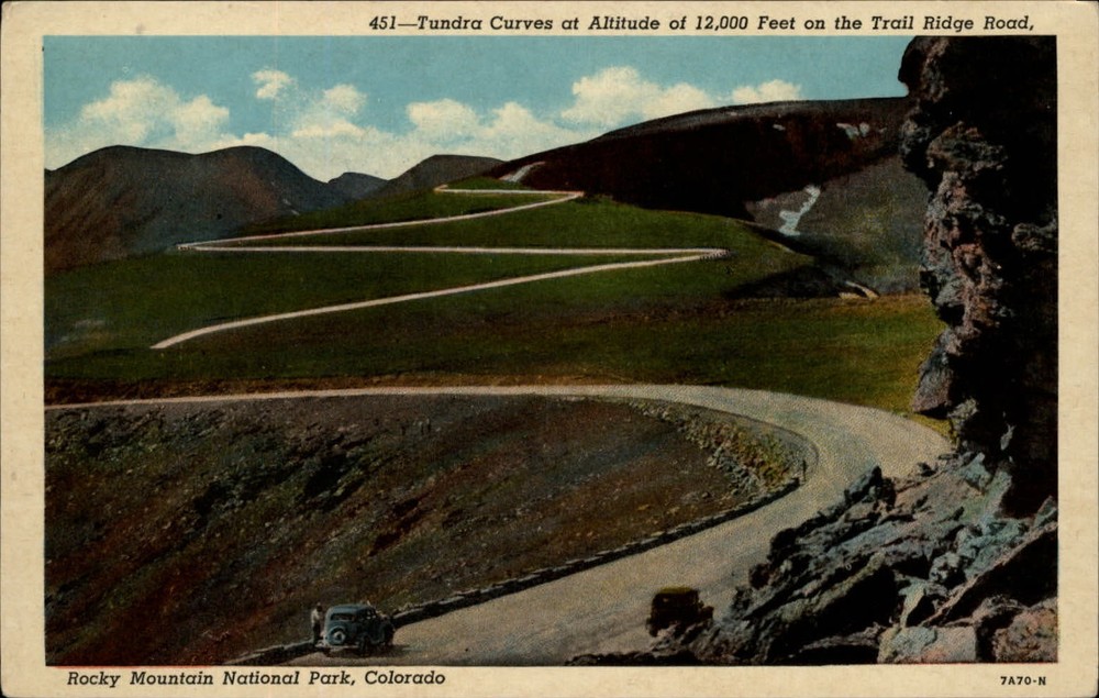 Rocky Mountain Natl Park Colorado Trail Ridge Road 1940s car vintage postcard