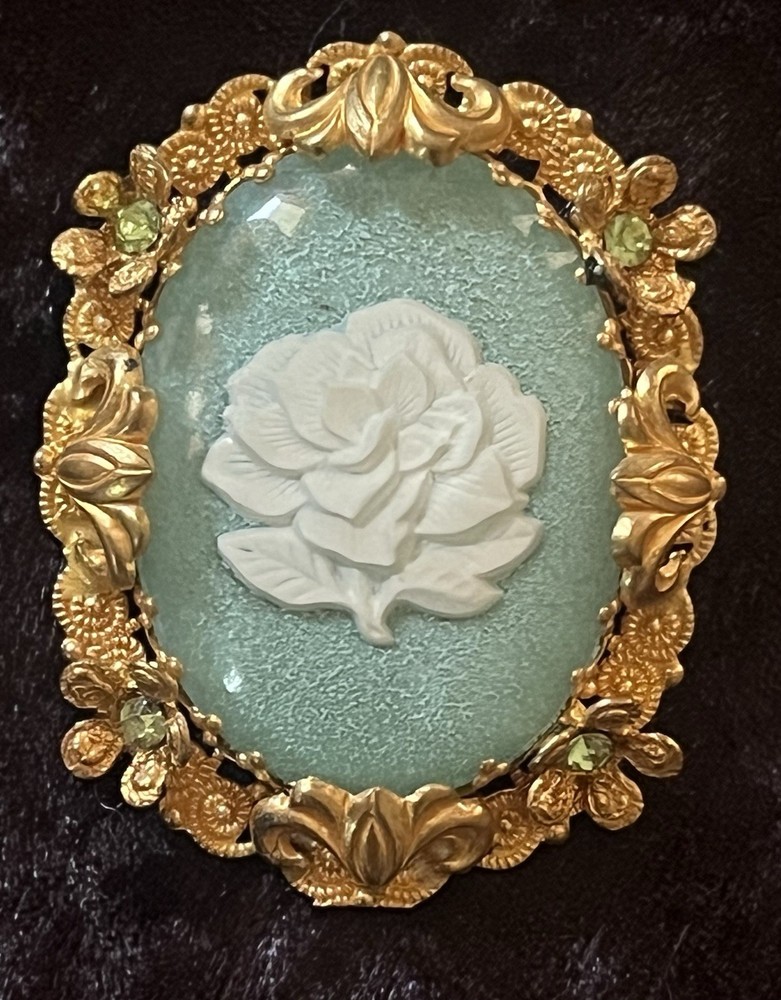 Vintage West Germany Ornate Cameo Brooch W/Green Rhinestones. B18
