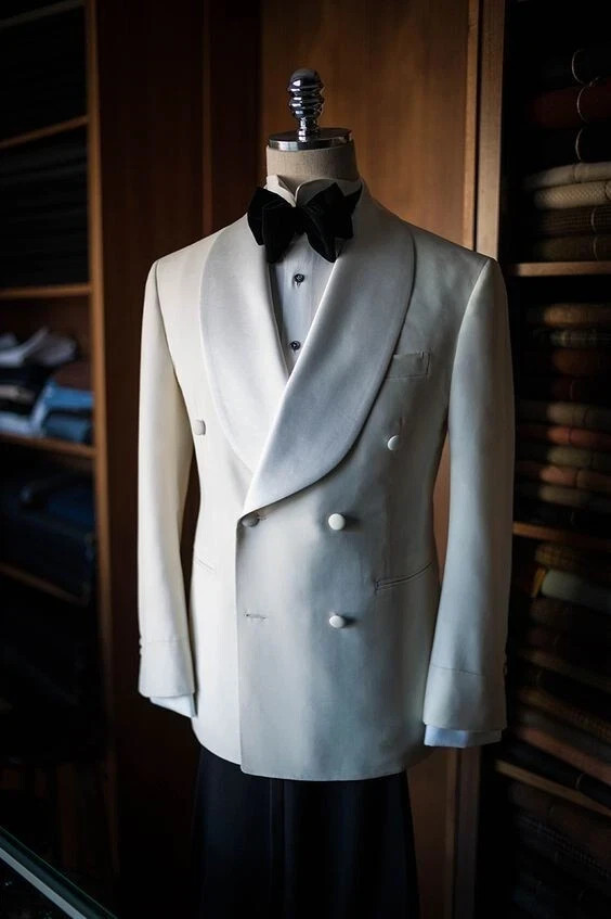 Classical White Mens Suits Double Breasted Formal Tuxedos Wedding Prom Blazer