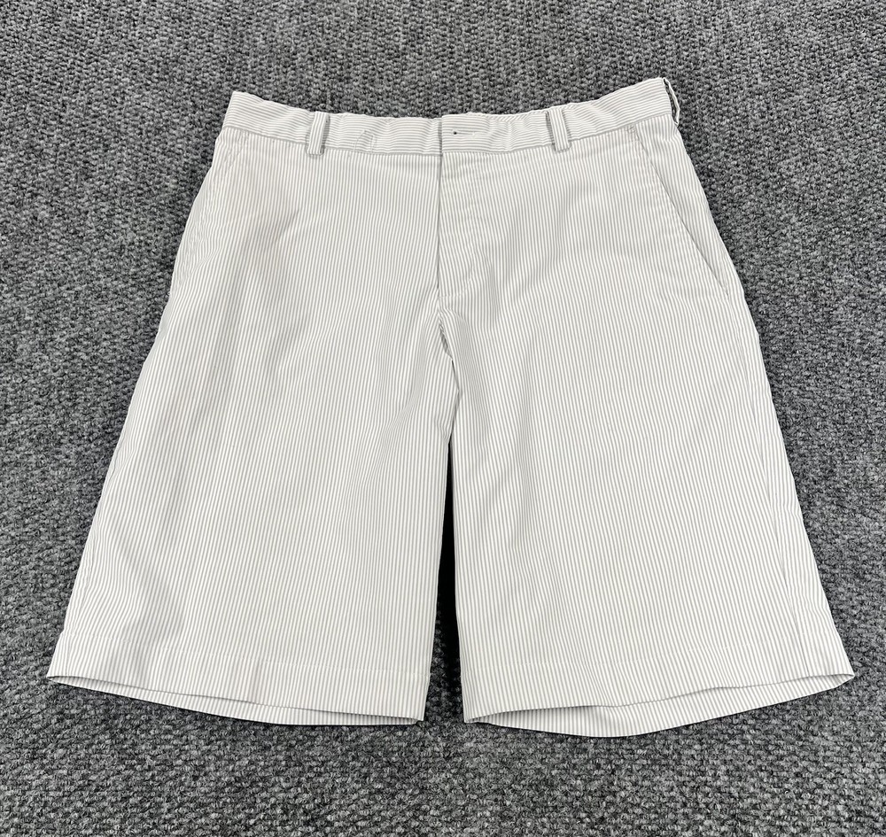 Nike Golf Shorts Mens 32 White Gray Pinstriped Chino Performance Stretch Swoosh
