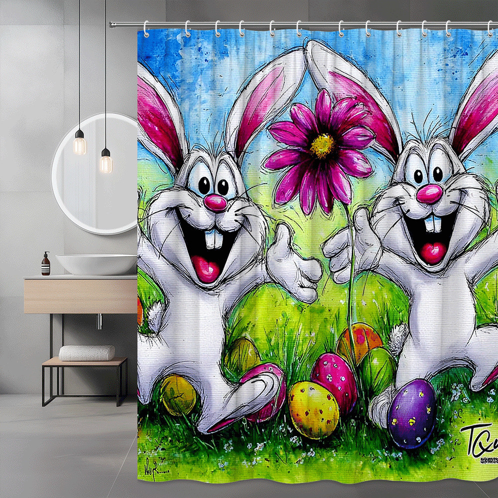 Easter Bunny Shower Curtain Colorful Cartoon Rabbits Floral Eggs
