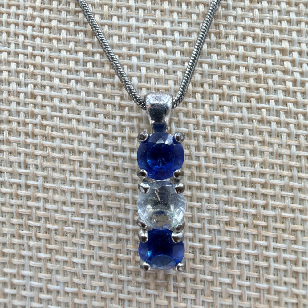 Vintage 90s Silver Tone Blue & White Glass Drop Pendant Snake Chain Necklace 90s