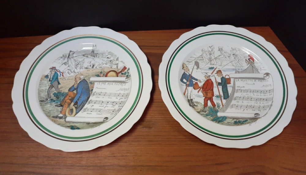 Parry Vieille Limoges PV French 2 Opera Dinner Plates Clerks Meadow, Fishermen
