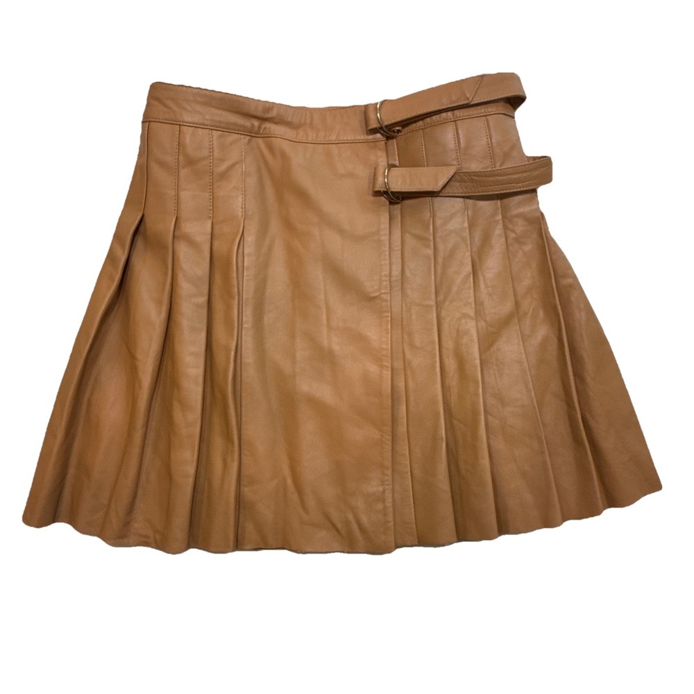 Karen Millen Women Leather Pleated Kilt Skirt Camel Lamb Nappa Buckle NWT US 8