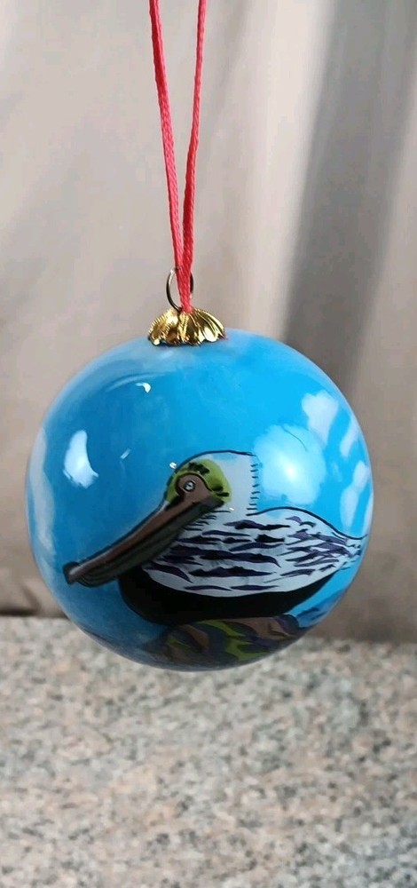 Reverse Hand Painted Glass Ball Ornament Christmas Pelicans Bird Scene 3”
