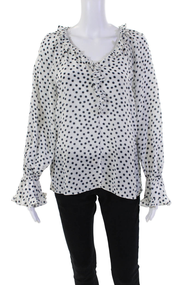 Ungaro Womens Silk Spotted Print Ruffled Collar V-Neck Blouse White Size SFree Shipping in US $100+ Orders | $6.95 Orders Below
