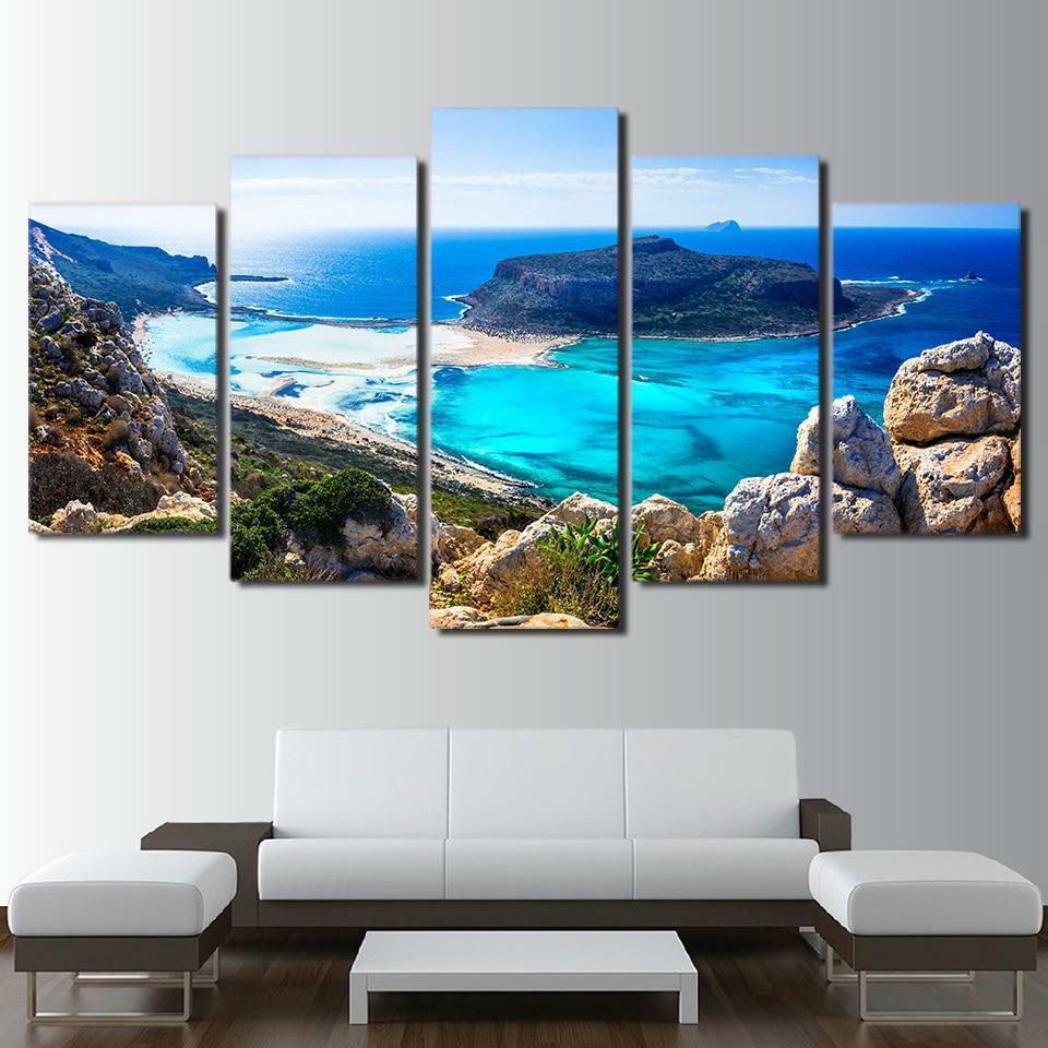 Beautiful Blue Sea Island & Rocky Beach 5 Piece Canvas Wall Art