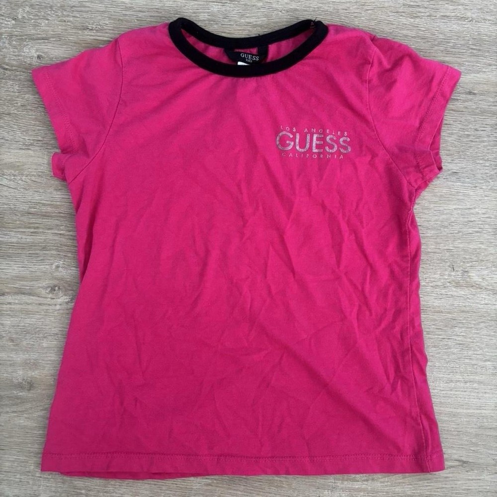GUESS Kids Girls Pink Logo Crew Neck Short Sleeve T-Shirt Black Trim L (14)