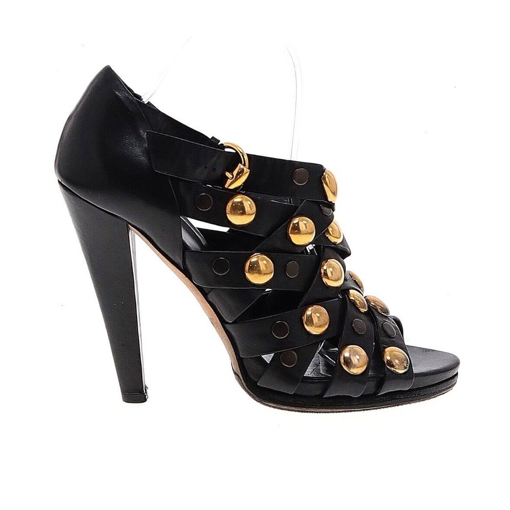 GUCCI Babouska Black Leather Gold Studded Sandals EU 39.5 US 9