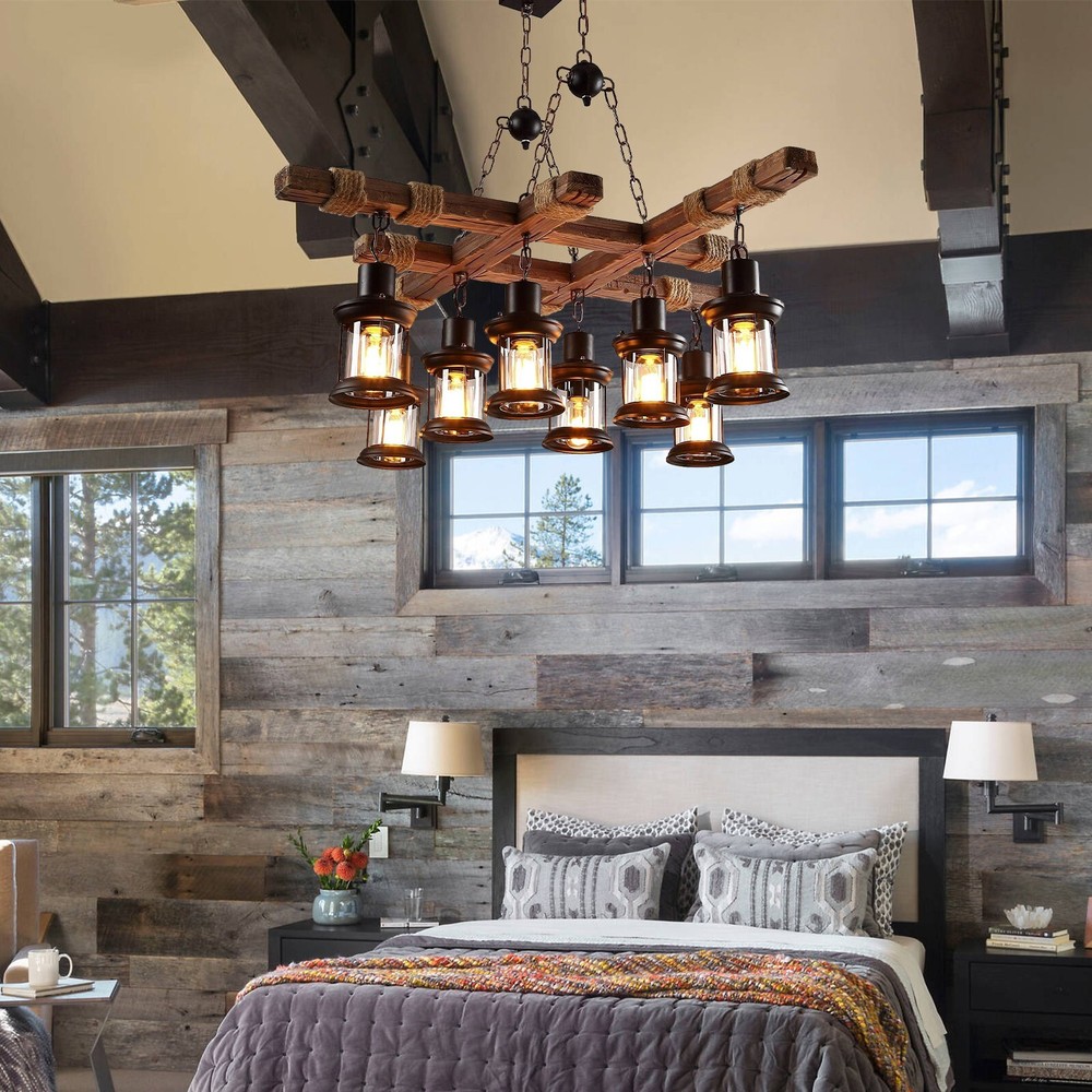 8 Lights Farmhouse Wooden Chandelier Ceiling Lighting Industrial Pendant Lamps