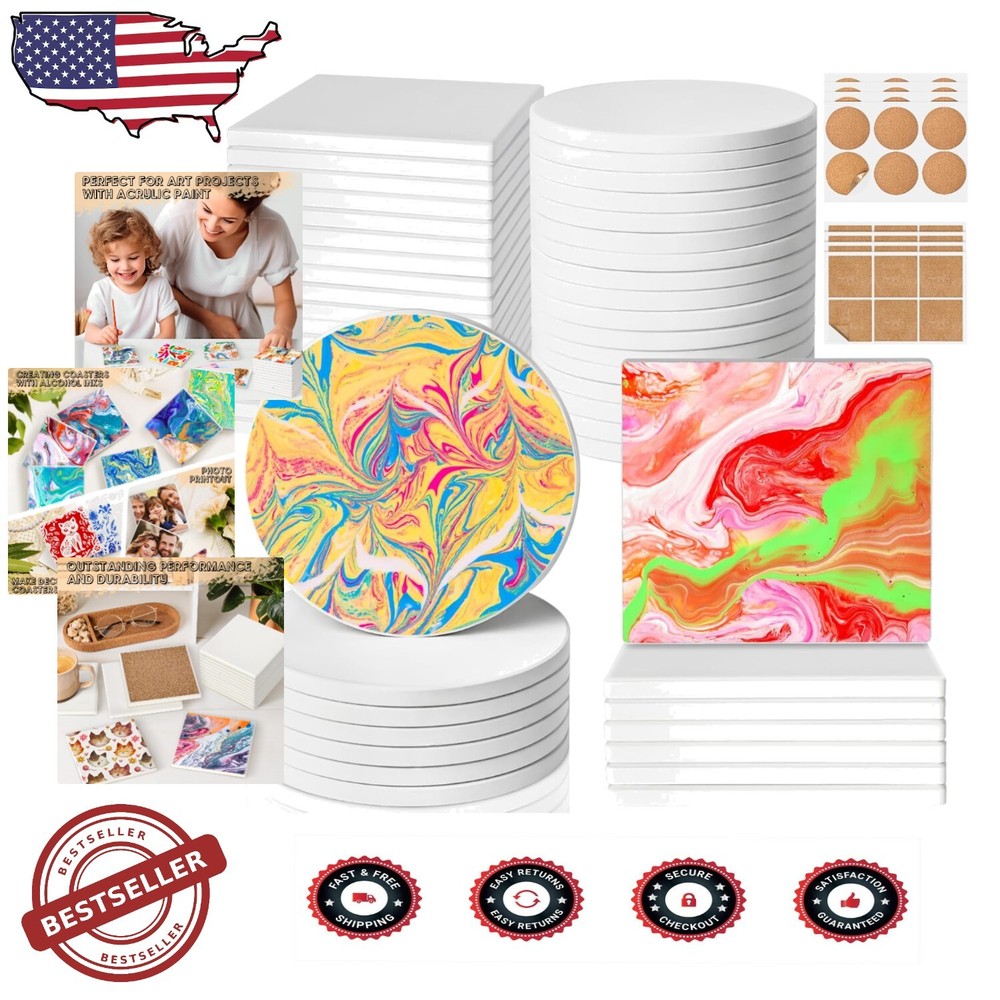 DIY 48 Ceramic Coasters Kit - Personalize with Paint & Alcohol Inks (4 Inch)
