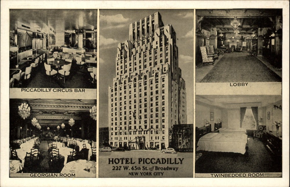 New York City New York Hotel Piccadilly rooms Circus Bar lobby vintage postcard