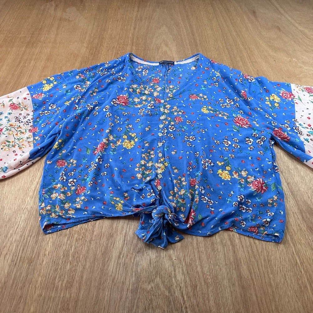 Democracy Floral Tie Front Blouse Women M Blue Boho Button Front Top