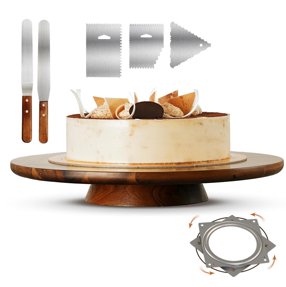 13-inch Acacia Wood Rotating Cake Stand with Rustic Pedestal and 2-Tier Turntable