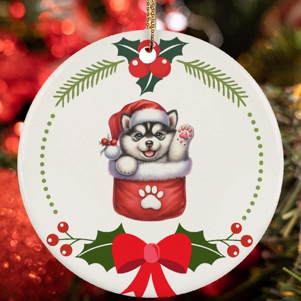 Cute Siberian Husky Puppy Dog Pocket Lover Wreath Christmas Ornament Gift Decor