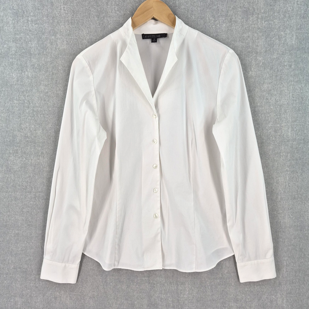 Lafayette 148 NY Blouse Off Womens 8 White Collar Stretch Button Poplin Blouse