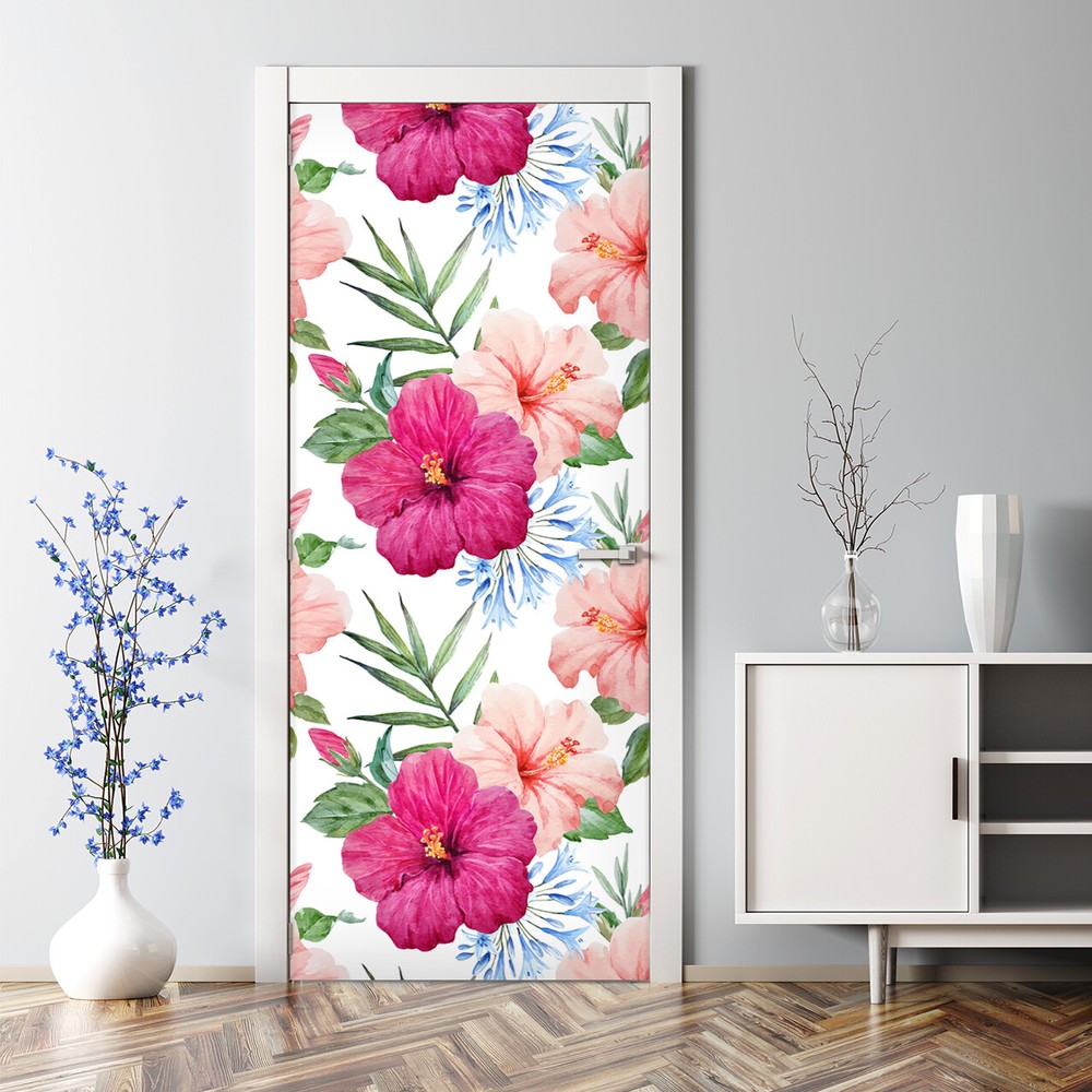 Hibiscus flower Bubble Free Door sticker Floral pink mural Self Adhesive