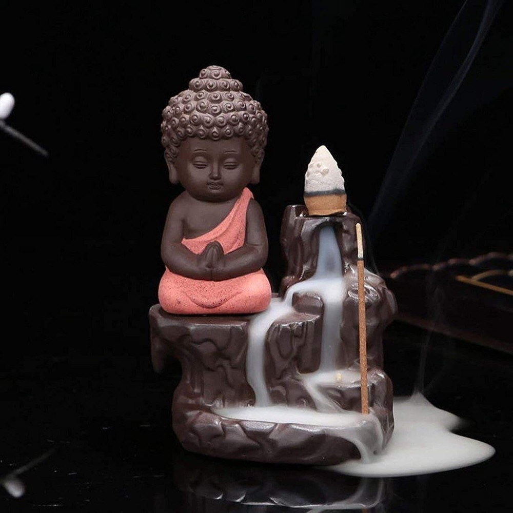 Christmas Incense Holder Meditating Monk Buddha Smoke Back flow Fountain