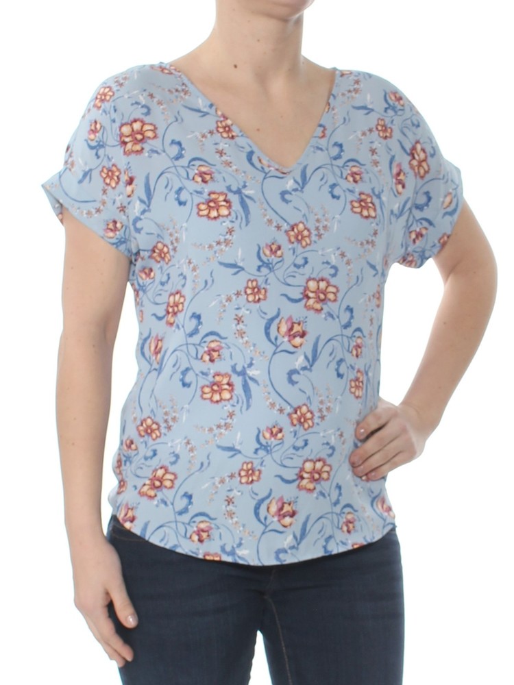 ULTRA FLIRT Womens Blue Printed Cuff Sleeved Short Sleeve V Neck Top S