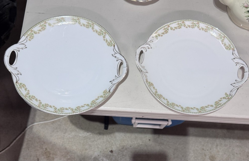 Schumann Bavaria Floral Porcelain Plates Set of 2 White Gold Trim Handles