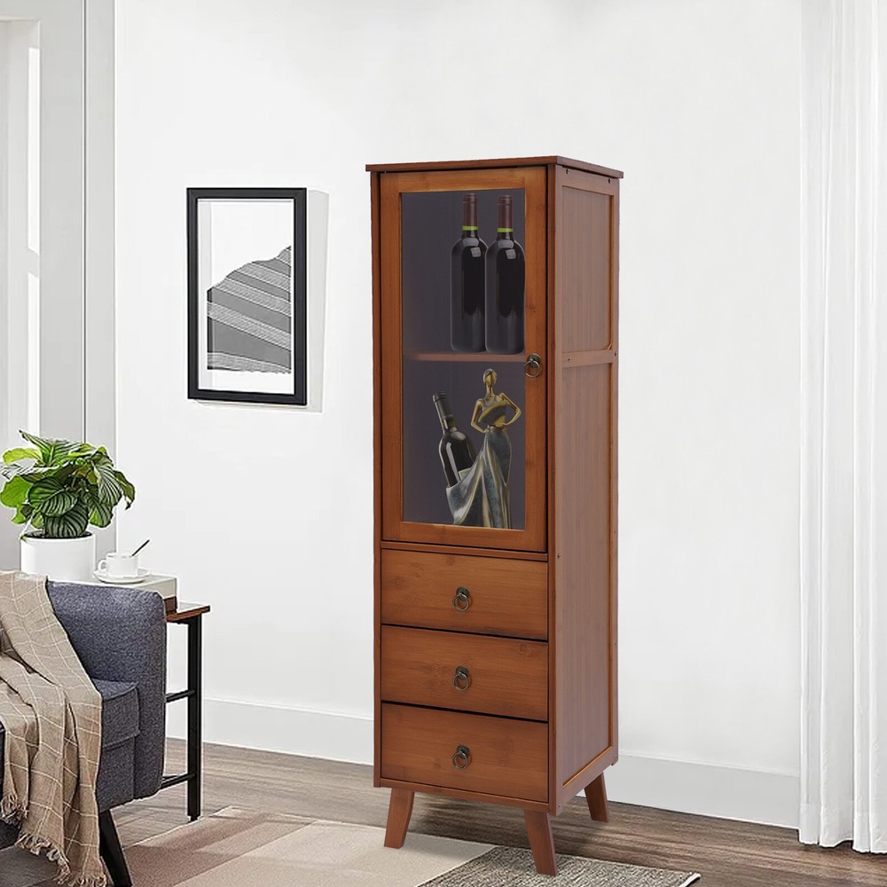 Bamboo Storage Cabinet with Drawers Freestanding Single-door Cupboard