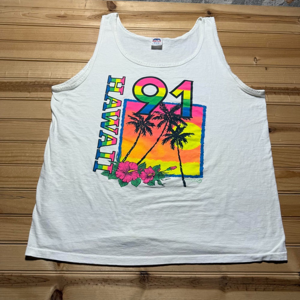 Vintage 1991 Hawaii Hibiscus Palm Tree Tropical Souvenir Tank Top USA - Size XL