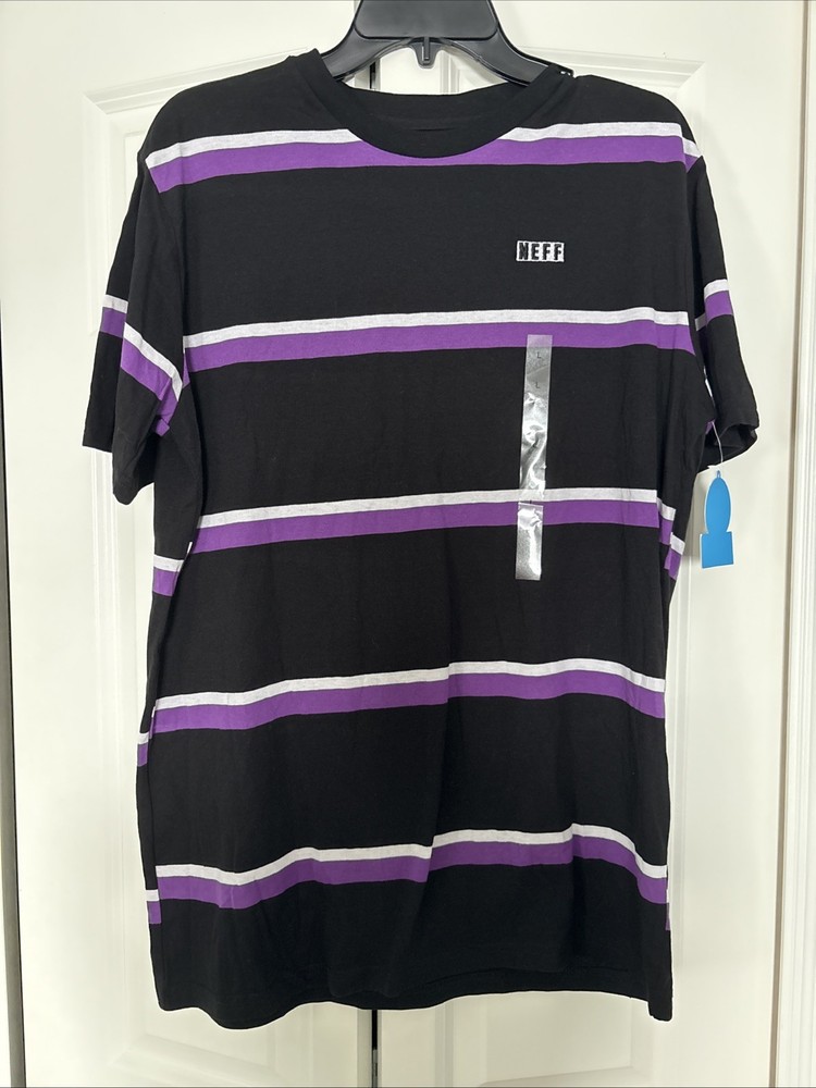 NEW Neff Sorenson Black Purple Striped Short Sleeve T-Shirt Men's Size Large