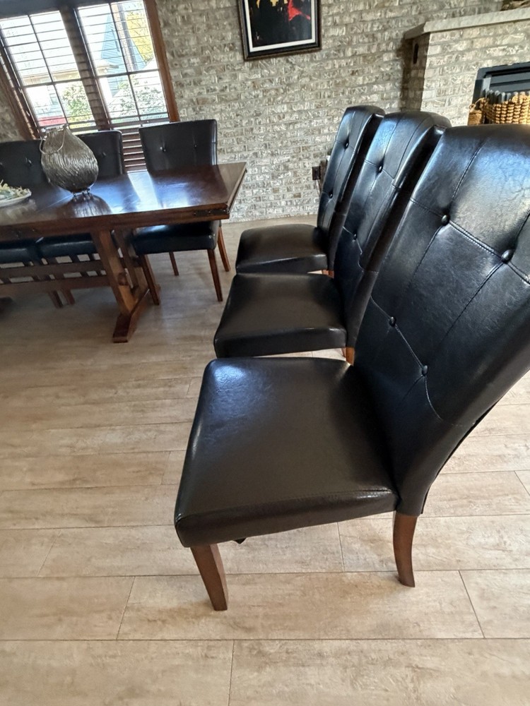 Rectangular Gloss Wood Dining Table Set with 8 Brown Leather Chairs