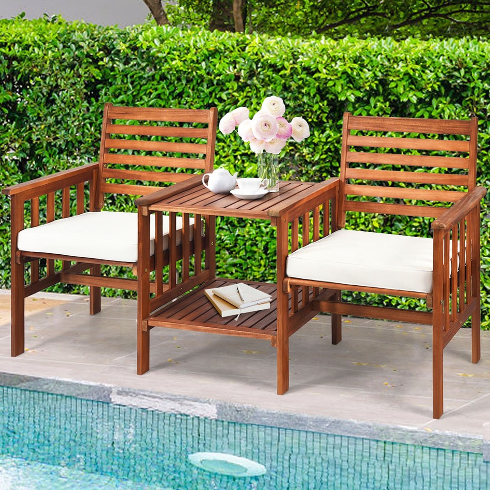 Acacia Wood Outdoor Loveseat Set with White Cushions and Side Table  -image