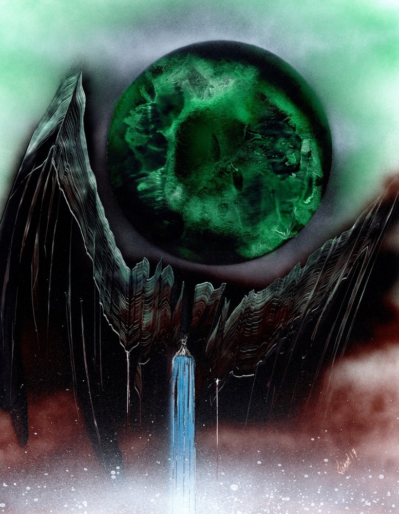 Original Tropical Landscape Art with Large Green Moon by artist Jason Girard.