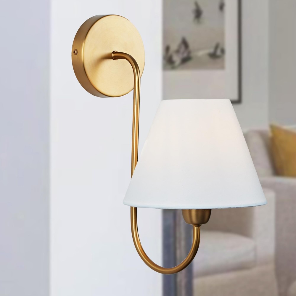 Modern Brass Wall Sconce Linen Shade Vintage Wall Light Fixture Bedroom Lamp